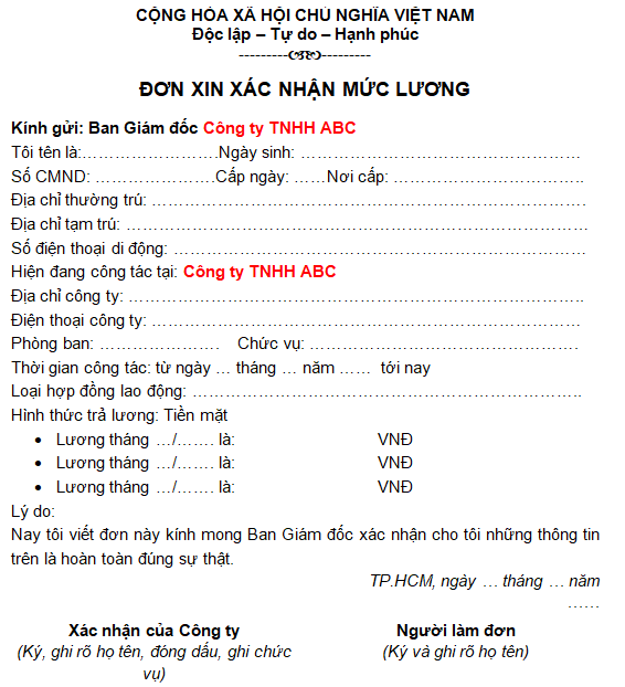 Mẫu xác nhận lương chuẩn nhất